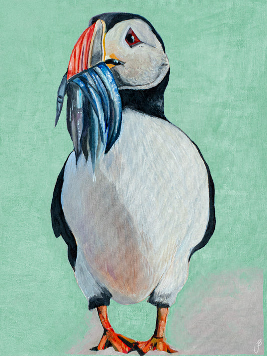 Puffin in Iceland Retro Green - Print